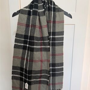 Dockers Plaid Men’s Scarf Tan, White, Black, Gray, and Red with elastic Keeper